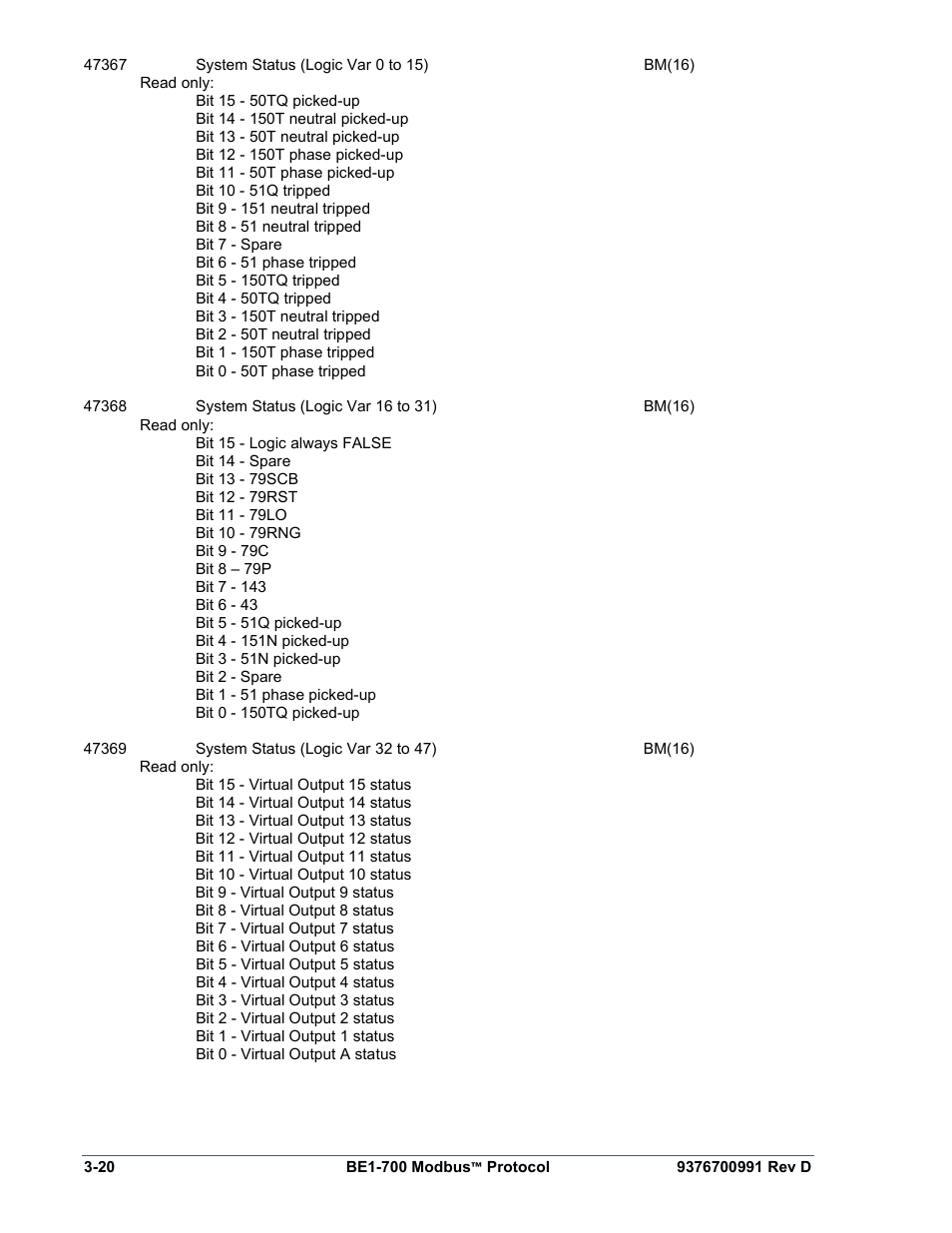 Basler Electric BE1-700 Modbus Protocol User Manual | Page 68 / 92