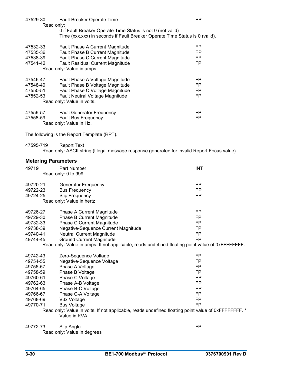 Metering parameters, Metering parameters -30 | Basler Electric BE1-700 Modbus Protocol User Manual | Page 78 / 92