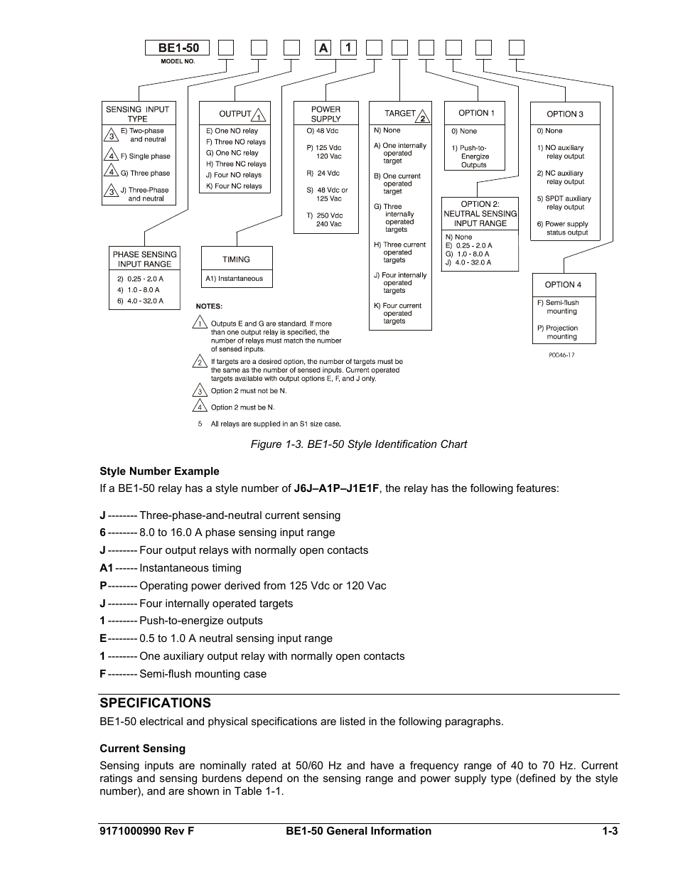Style number example, Specifications, Current sensing | Style, Number, Example, Current, Sensing | Basler Electric BE1-50 User Manual | Page 11 / 44