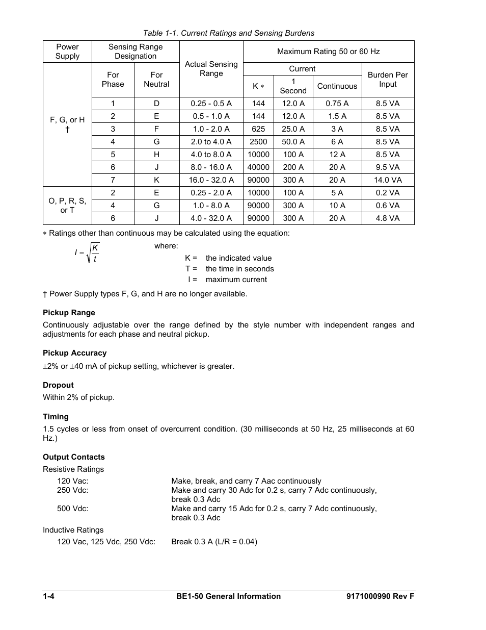 Pickup range, Pickup accuracy, Dropout | Timing, Output contacts, Pickup, Range, Accuracy, Output, Contacts | Basler Electric BE1-50 User Manual | Page 12 / 44