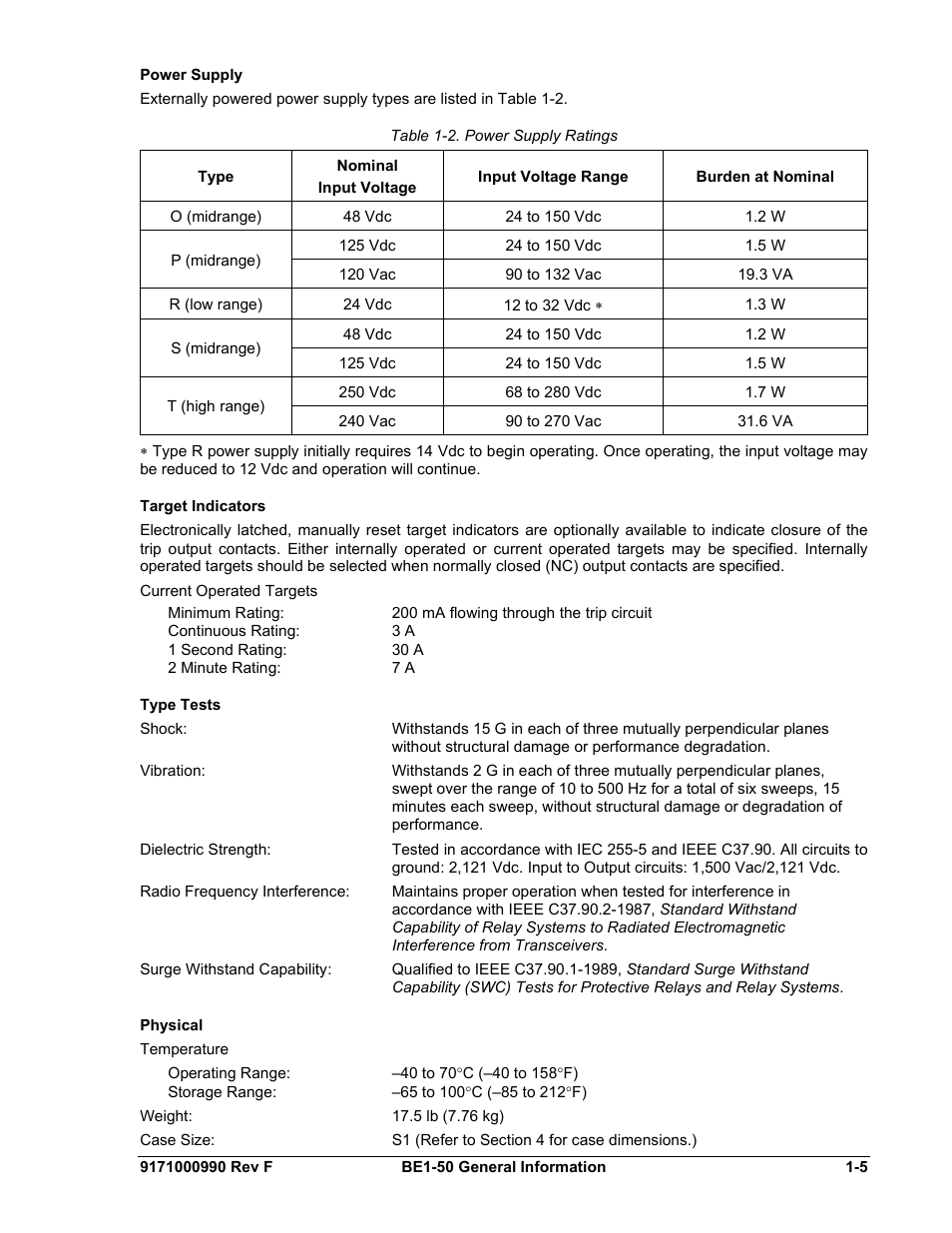 Power supply, Target indicators, Type tests | Physical, Power, Supply -5, Target, Indicators, Type, Tests | Basler Electric BE1-50 User Manual | Page 13 / 44