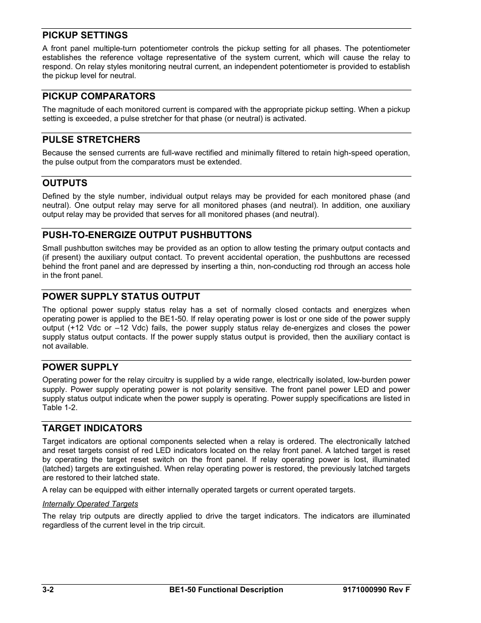 Pickup settings, Pickup comparators, Pulse stretchers | Outputs, Push-to-energize output pushbuttons, Power supply status output, Power supply, Target indicators, Internally operated targets, Pickup | Basler Electric BE1-50 User Manual | Page 18 / 44