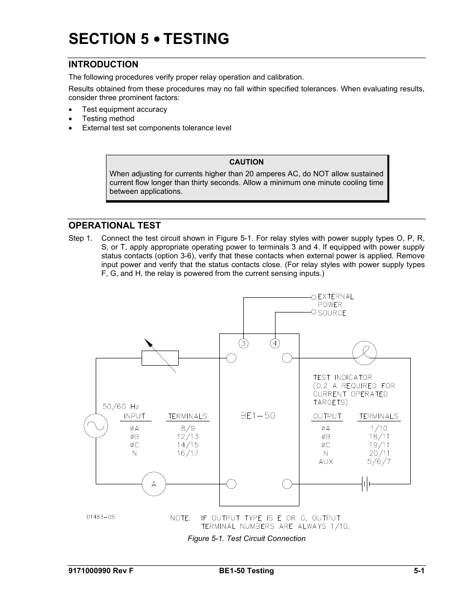 5 • testing, Introduction, Operational test | Section 5, Testing -1, Operational, Test | Basler Electric BE1-50 User Manual | Page 41 / 44