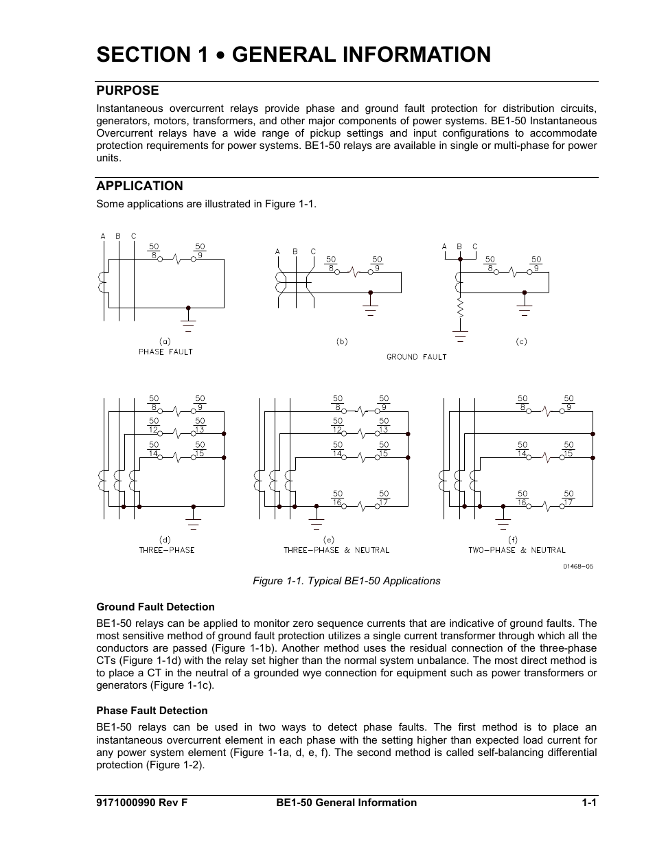 1 • general information, Purpose, Application | Ground fault detection, Phase fault detection, Section 1, General information -1, Ground, Fault, Detection | Basler Electric BE1-50 User Manual | Page 9 / 44