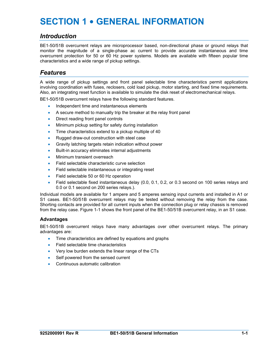 Introduction, Features, Advantages | Section 1 • general information -1, Introduction -1, Features -1, Advantages -1 | Basler Electric BE1-50/51B User Manual | Page 13 / 76