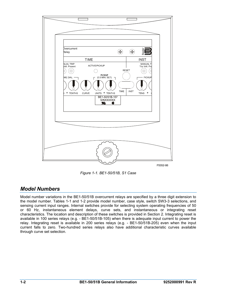 Model numbers, Model numbers -2, Figure 1-1. be1-50/51b, s1 case | Basler Electric BE1-50/51B User Manual | Page 14 / 76