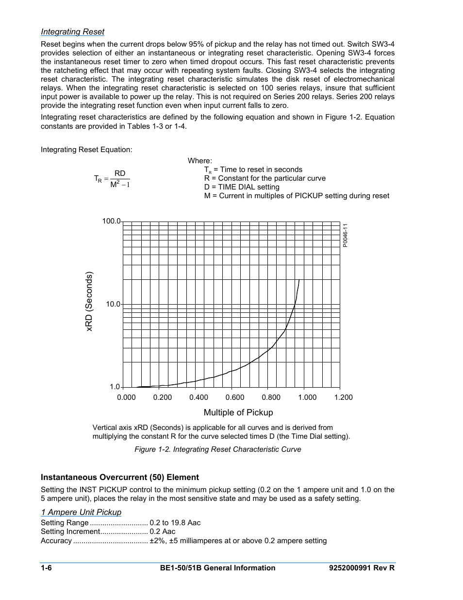 Integrating reset, Instantaneous overcurrent (50) element, 1 ampere unit pickup | Instantaneous overcurrent (50) element -6, Figure 1-2. integrating reset characteristic curve | Basler Electric BE1-50/51B User Manual | Page 18 / 76