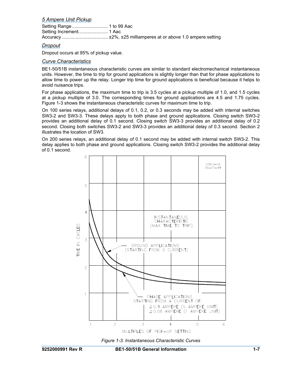 5 ampere unit pickup, Dropout, Curve characteristics | Figure 1-3. instantaneous characteristic curves | Basler Electric BE1-50/51B User Manual | Page 19 / 76