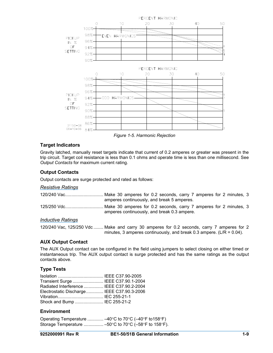 Target indicators, Output contacts, Resistive ratings | Inductive ratings, Aux output contact, Type tests, Environment, Target indicators -9, Output contacts -9, Aux output contact -9 | Basler Electric BE1-50/51B User Manual | Page 21 / 76