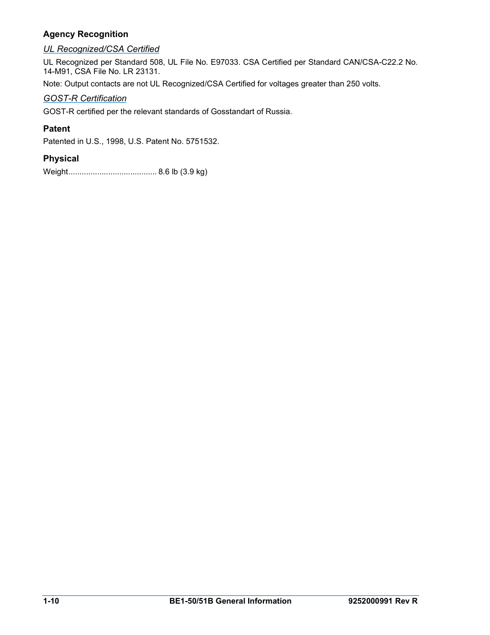 Agency recognition, Ul recognized/csa certified, Gost-r certification | Patent, Physical, Agency recognition -10, Patent -10, Physical -10 | Basler Electric BE1-50/51B User Manual | Page 22 / 76