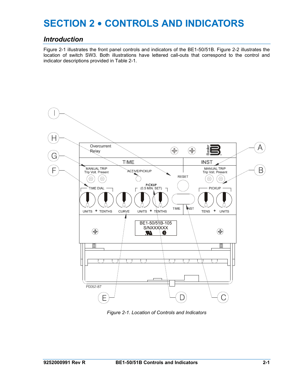 Introduction, Section 2 • controls and indicators -1, Introduction -1 | Figure 2-1. location of controls and indicators | Basler Electric BE1-50/51B User Manual | Page 25 / 76