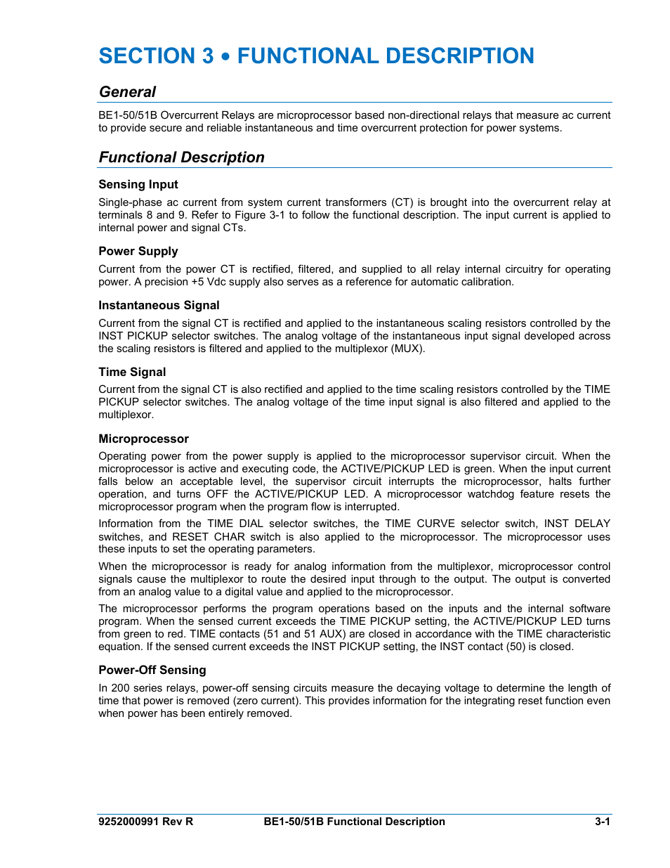 General, Functional description, Sensing input | Power supply, Instantaneous signal, Time signal, Microprocessor, Power-off sensing, Section 3 • functional description -1, General -1 | Basler Electric BE1-50/51B User Manual | Page 31 / 76