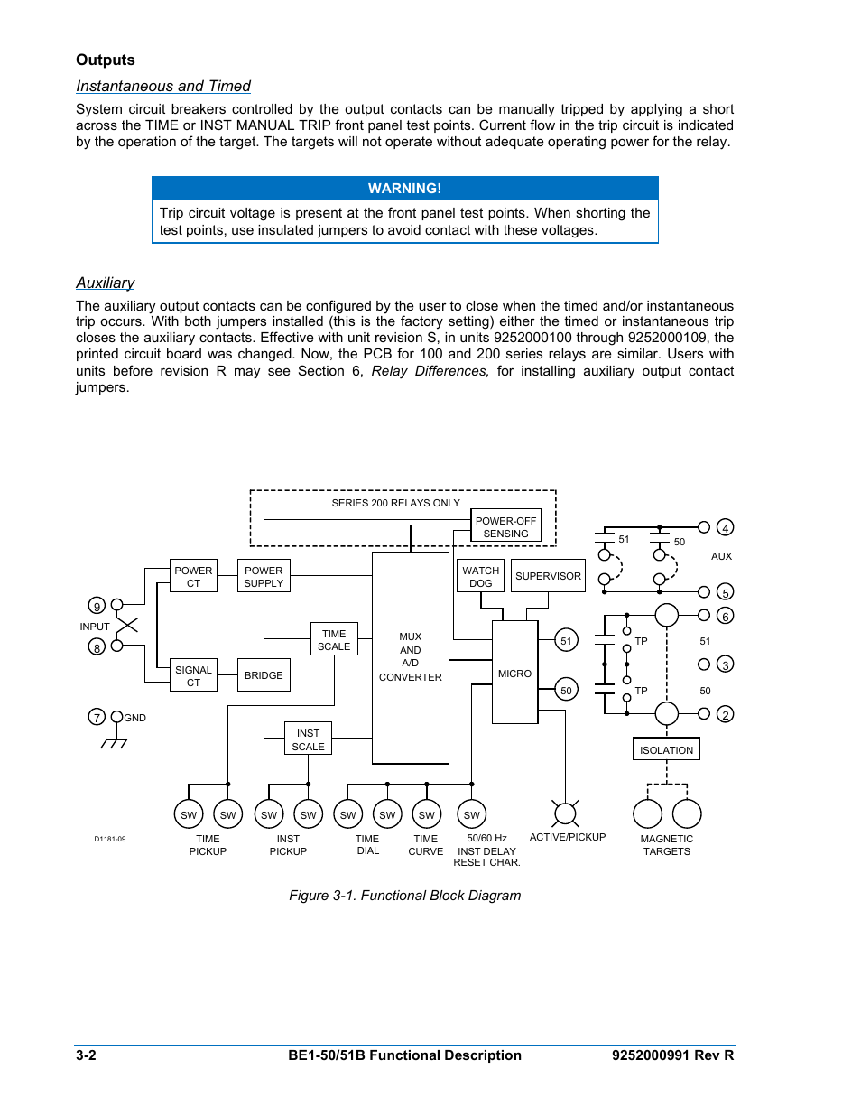 Outputs, Instantaneous and timed, Auxiliary | Outputs -2, Figure 3-1. functional block diagram | Basler Electric BE1-50/51B User Manual | Page 32 / 76