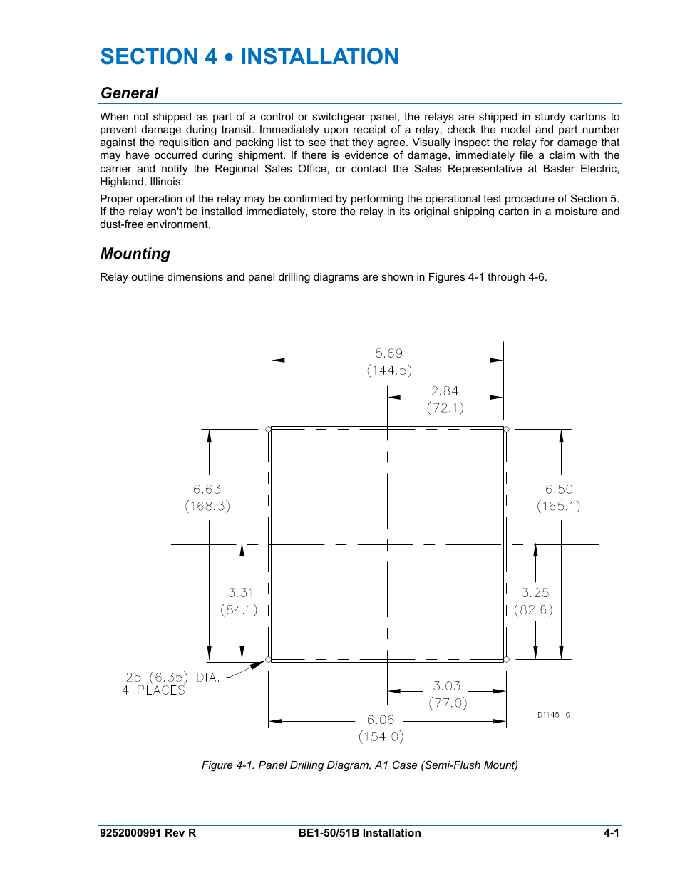 General, Mounting, Section 4 • installation -1 | General -1, Mounting -1 | Basler Electric BE1-50/51B User Manual | Page 35 / 76