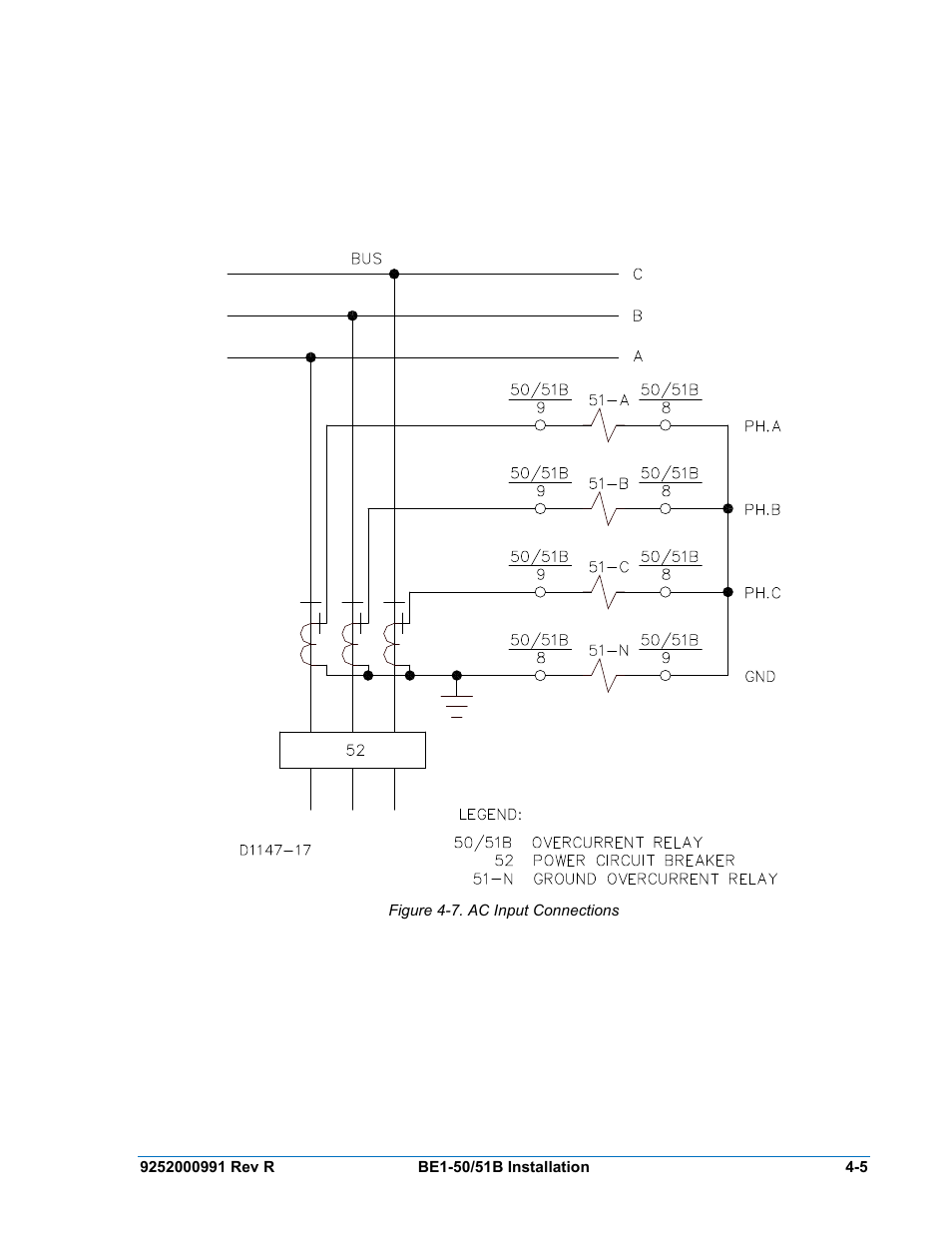 Figure 4-7. ac input connections | Basler Electric BE1-50/51B User Manual | Page 39 / 76