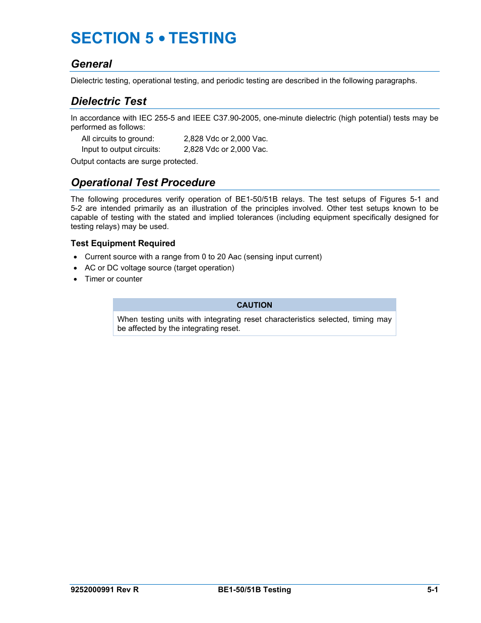 General, Dielectric test, Operational test procedure | Test equipment required, Section 5 • testing -1, General -1, Dielectric test -1, Operational test procedure -1, Test equipment required -1 | Basler Electric BE1-50/51B User Manual | Page 45 / 76
