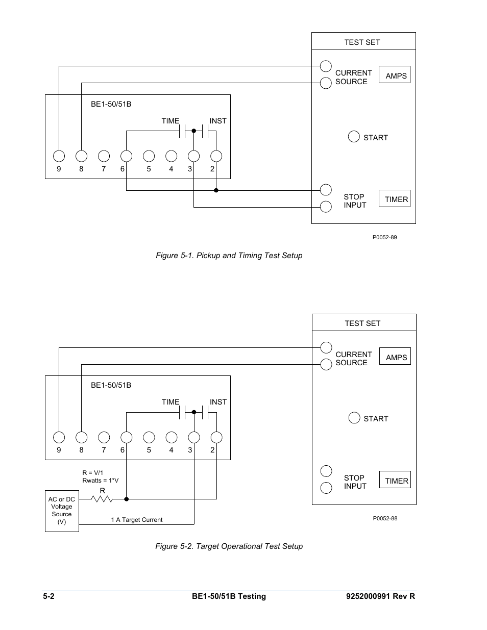 Figure 5-1. pickup and timing test setup, Figure 5-2. target operational test setup | Basler Electric BE1-50/51B User Manual | Page 46 / 76