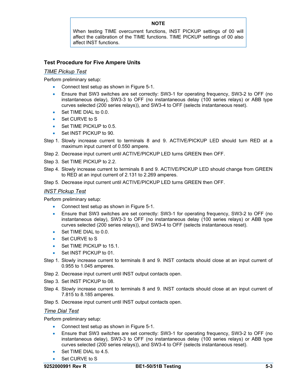 Test procedure for five ampere units, Time pickup test, Inst pickup test | Time dial test, Test procedure for five ampere units -3, Time pickup test -3, Inst pickup test -3, Time dial test -3 | Basler Electric BE1-50/51B User Manual | Page 47 / 76