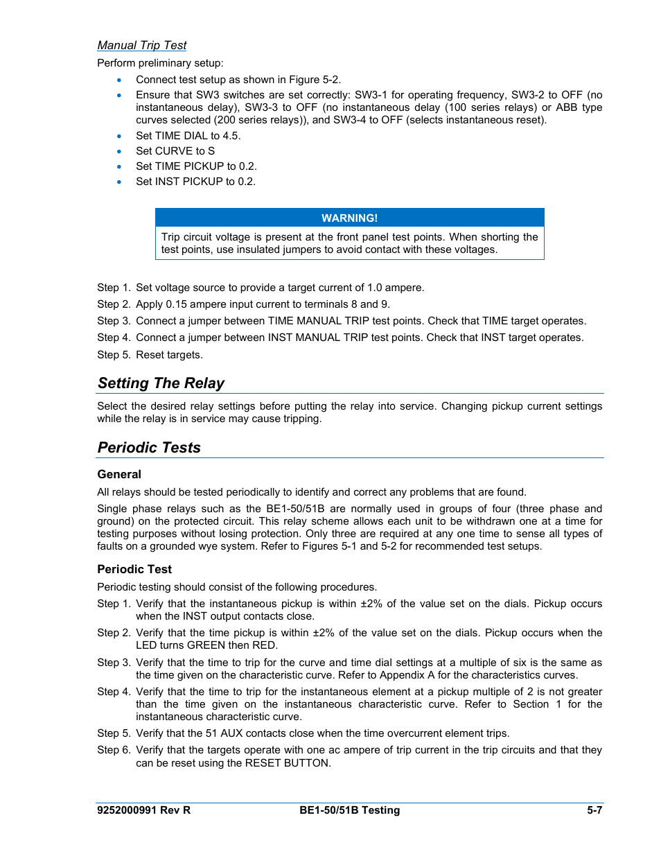 Manual trip test, Setting the relay, Periodic tests | General, Periodic test, Manual trip test -7, Setting the relay -7, Periodic tests -7, General -7, Periodic test -7 | Basler Electric BE1-50/51B User Manual | Page 51 / 76