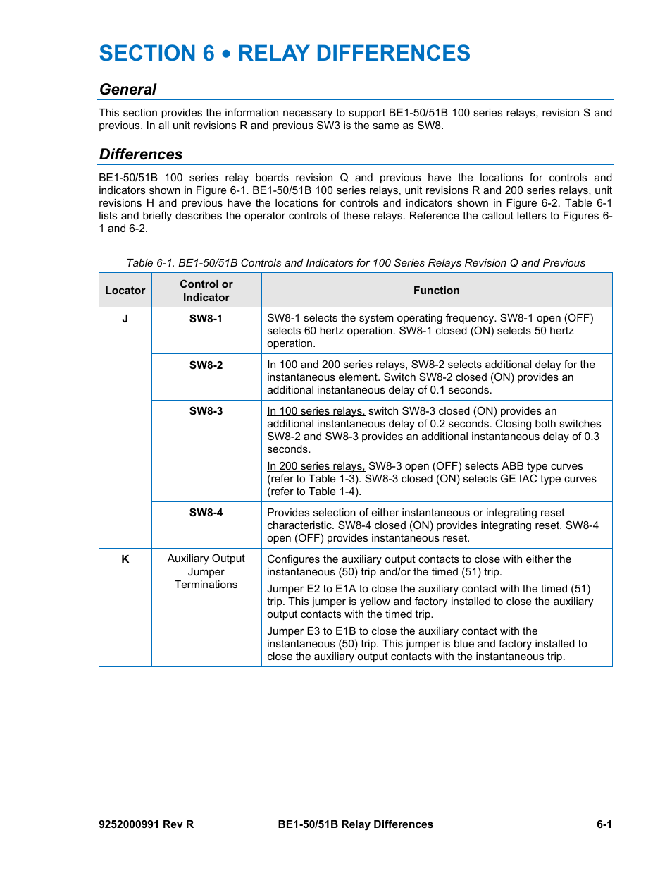 General, Differences, Section 6 • relay differences -1 | General -1, Differences -1 | Basler Electric BE1-50/51B User Manual | Page 55 / 76