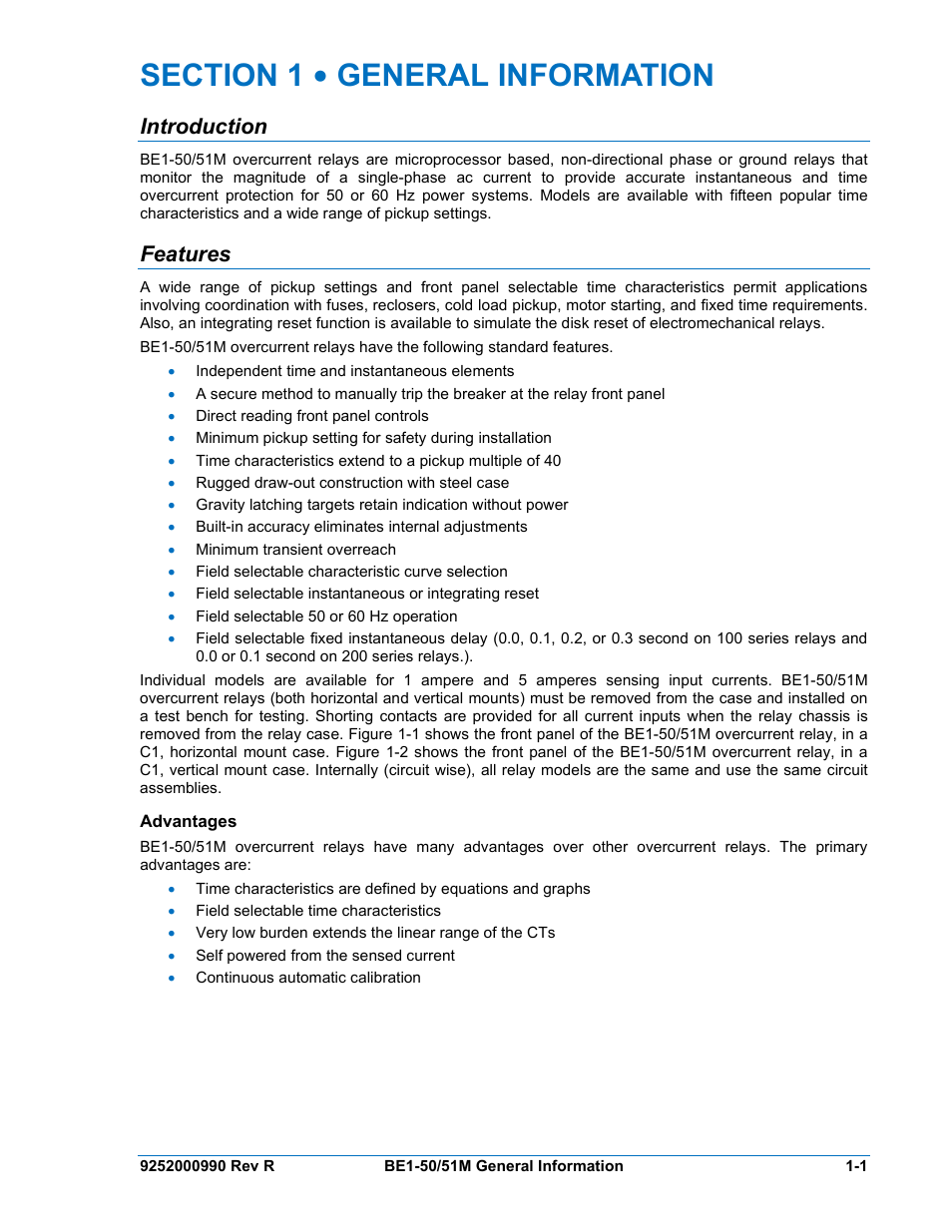 Introduction, Features, Advantages | Section 1 • general information -1, Introduction -1, Features -1, Advantages -1 | Basler Electric BE1-50/51M User Manual | Page 11 / 74