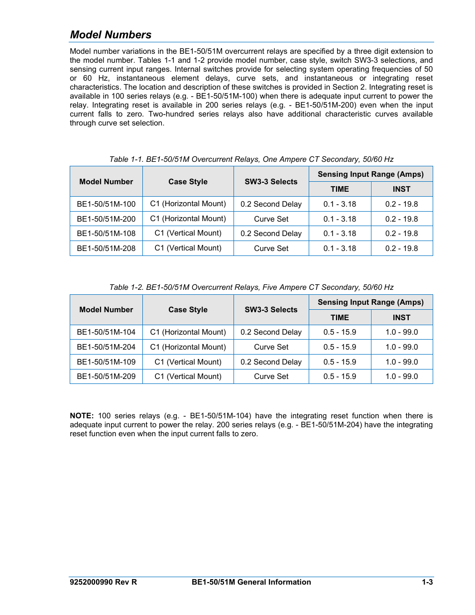 Model numbers, Model numbers -3 | Basler Electric BE1-50/51M User Manual | Page 13 / 74