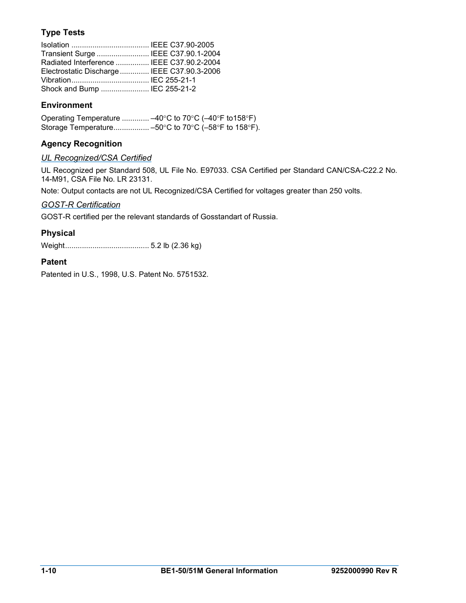 Type tests, Environment, Agency recognition | Ul recognized/csa certified, Gost-r certification, Physical, Patent, Type tests -10, Environment -10, Agency recognition -10 | Basler Electric BE1-50/51M User Manual | Page 20 / 74