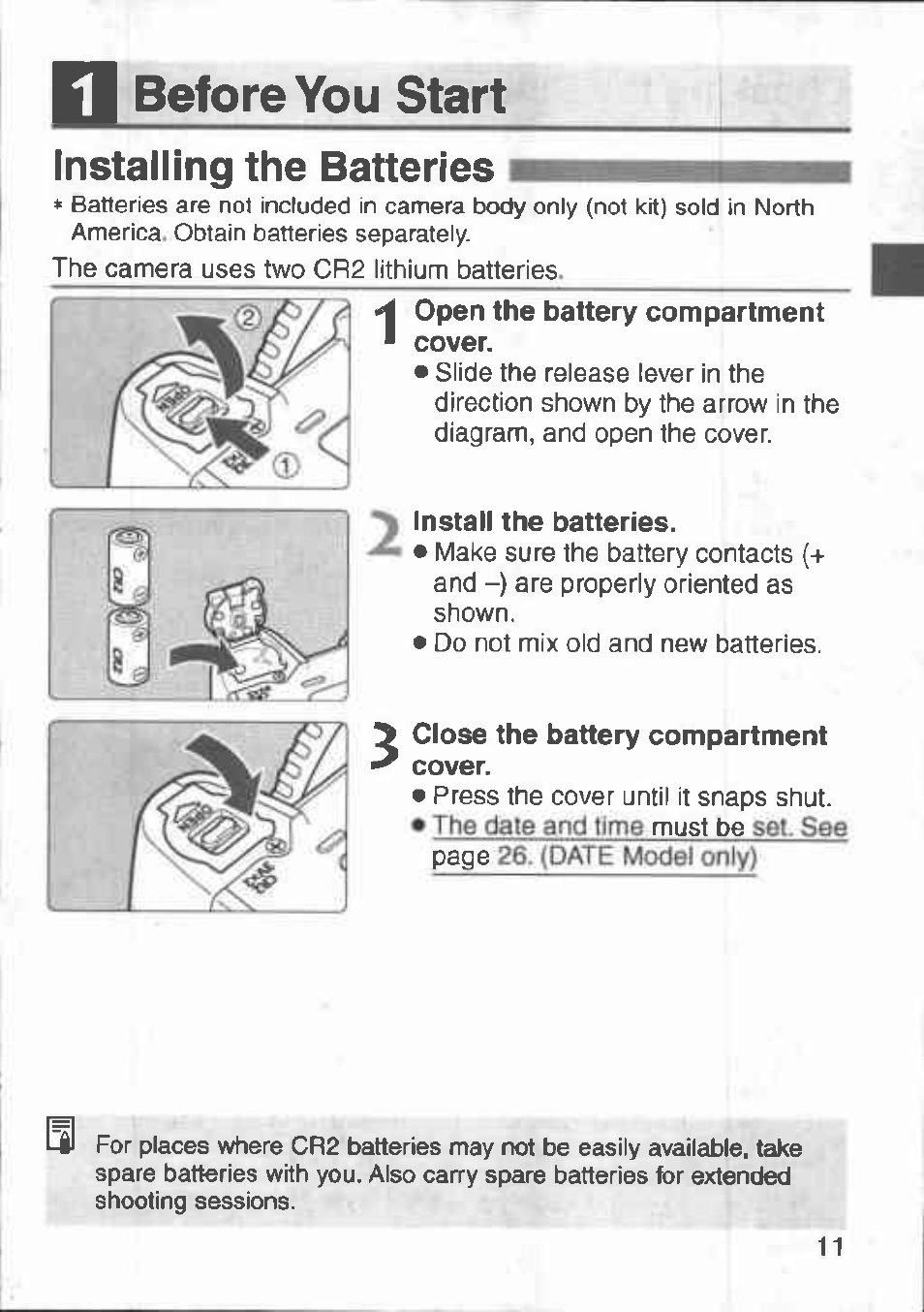 Before you start, Installing the batteries | Canon 3000 V User Manual | Page 11 / 48