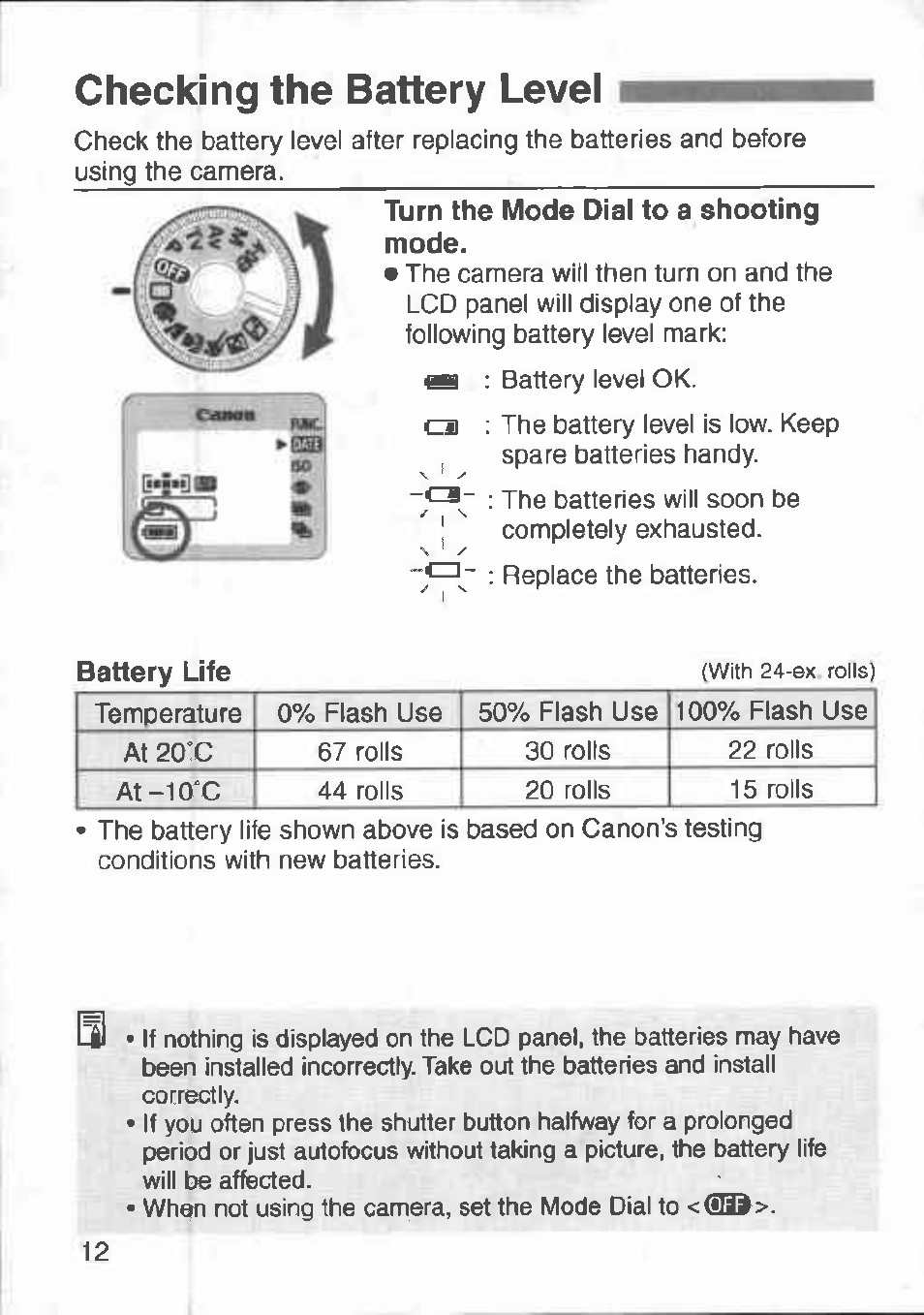 Checking the battery level, Turn the mode dial to a shooting mode, Battery life | Canon 3000 V User Manual | Page 12 / 48