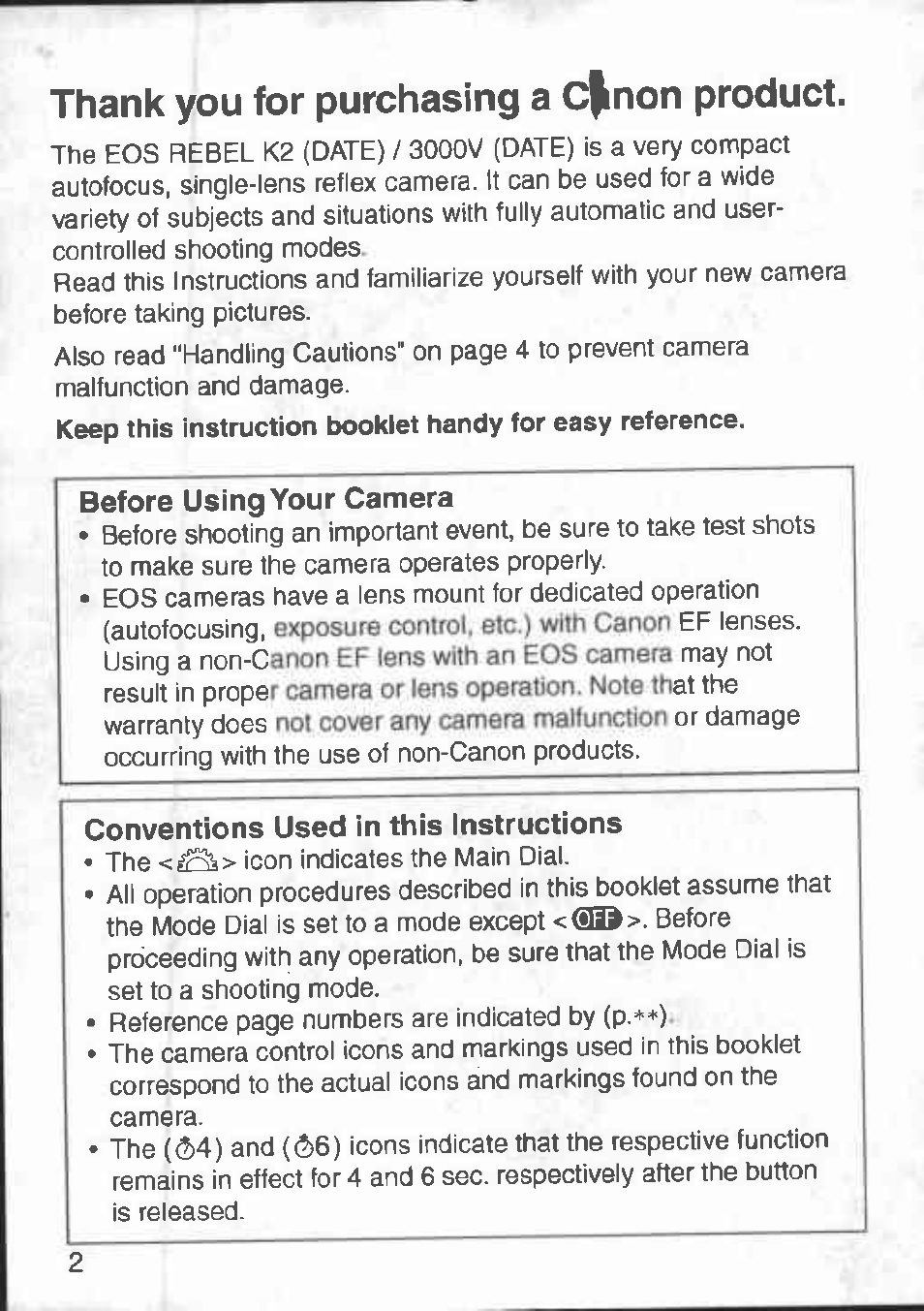 Before using your camera, Conventions used in this instructions | Canon 3000 V User Manual | Page 2 / 48