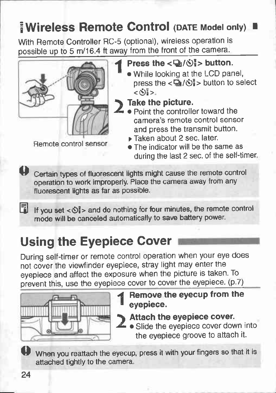 Using the eyepiece cover, Wireless remote control | Canon 3000 V User Manual | Page 24 / 48