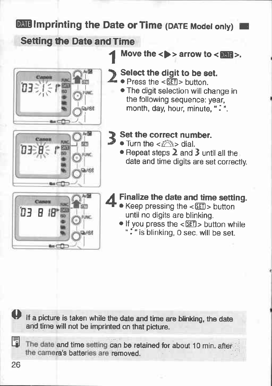 S3 b ib-lsl" jor, Setting the date and time | Canon 3000 V User Manual | Page 26 / 48