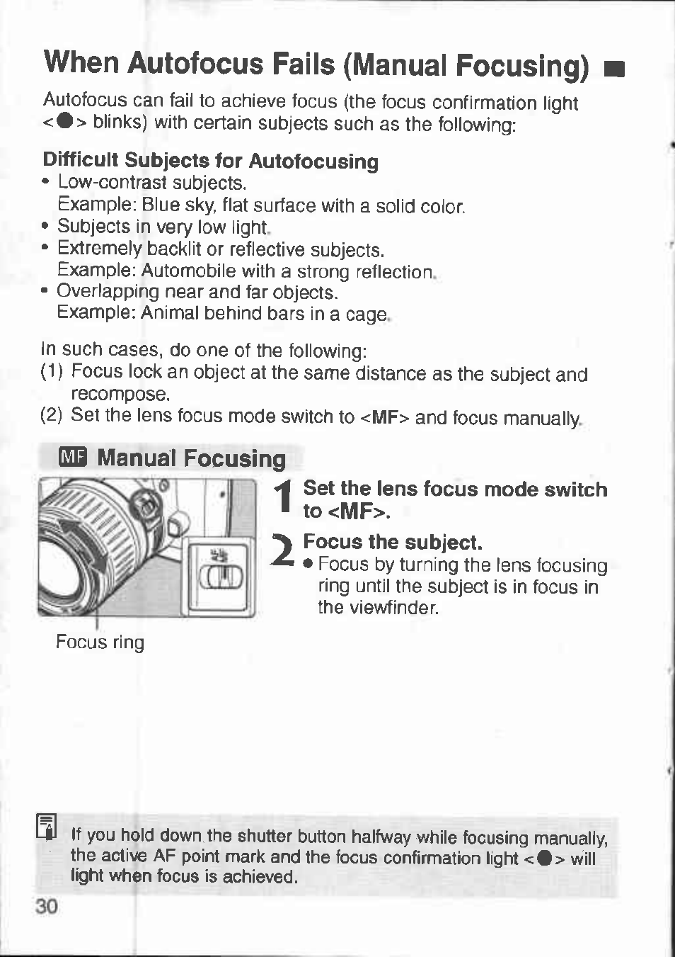 When autofocus fails (manual focusing) | Canon 3000 V User Manual | Page 30 / 48