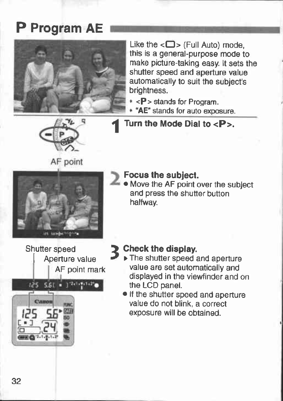 P program ae, Focus the subject, Check the display | Program ae | Canon 3000 V User Manual | Page 32 / 48