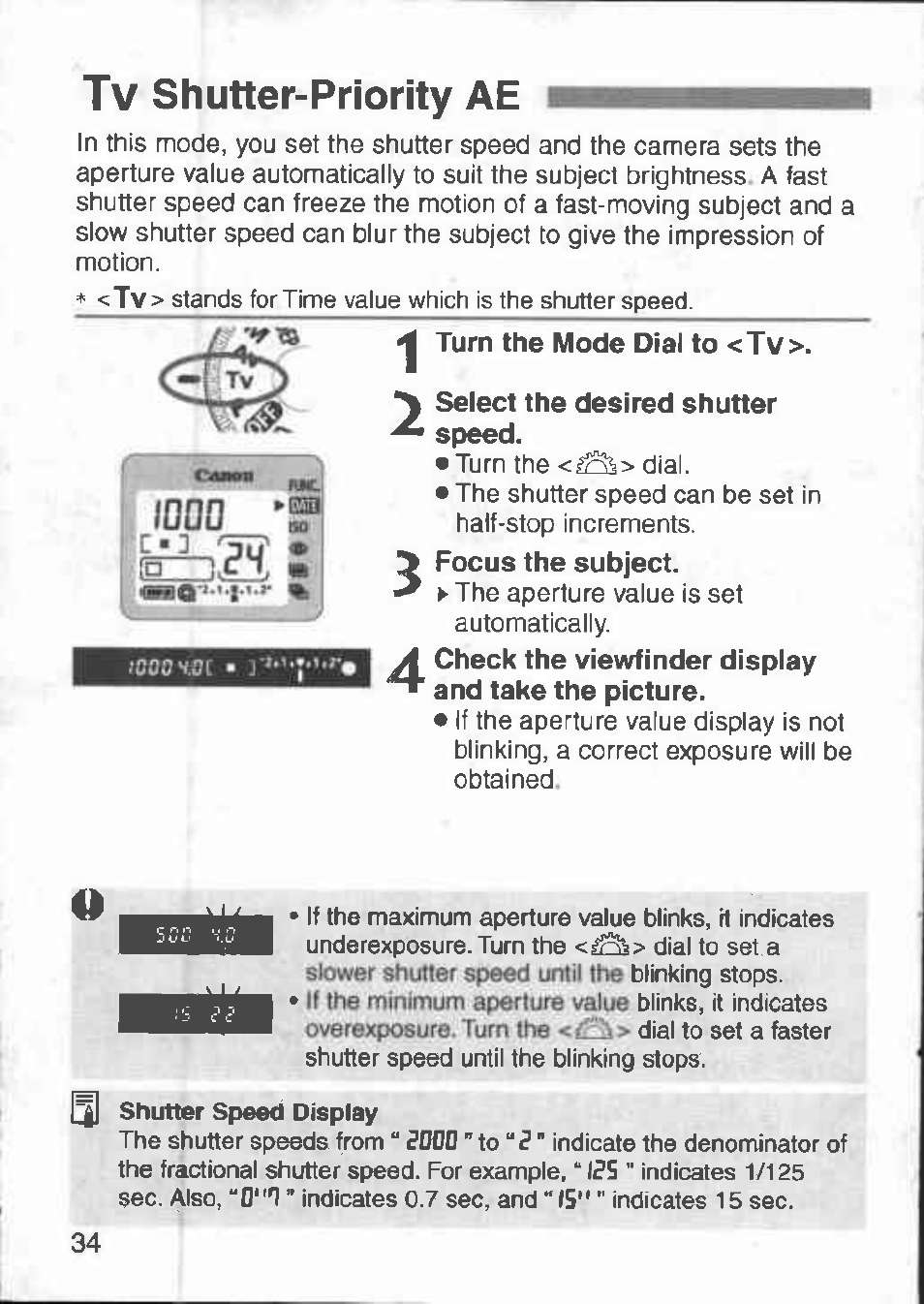 Tv shutter-priority ae, Shutter-priority ae | Canon 3000 V User Manual | Page 34 / 48