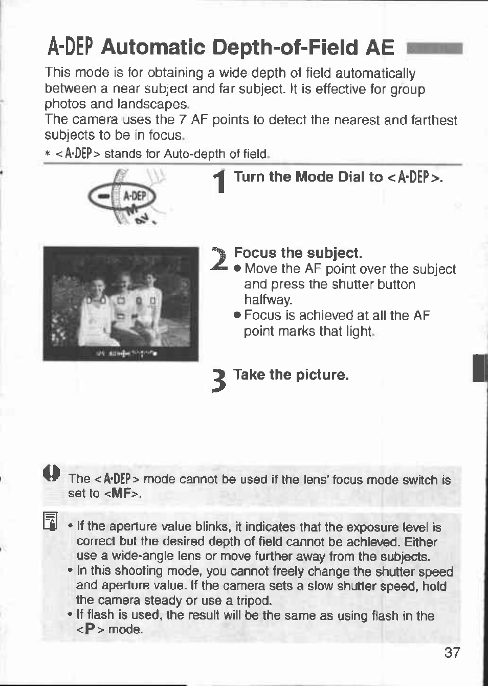 A-dep automatic depth-of-field ae, A-dep automatic depth-ot-field ae | Canon 3000 V User Manual | Page 37 / 48