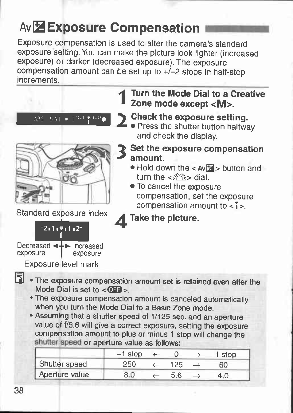 Avl2 exposure compensation, Av0 exposure compensation | Canon 3000 V User Manual | Page 38 / 48