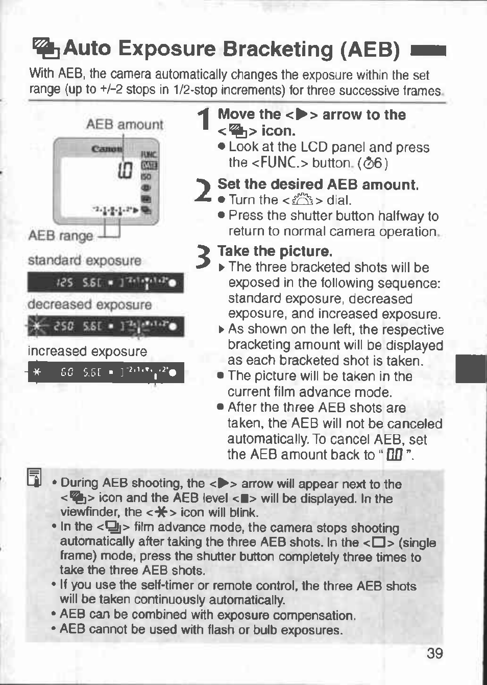 Auto exposure bracketing (aeb) mb, Auto exposure bracketing (aeb) | Canon 3000 V User Manual | Page 39 / 48