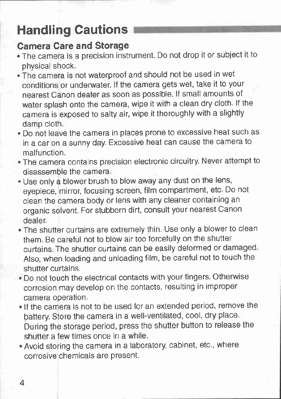 Handling cautions, Camera care and storage | Canon 3000 V User Manual | Page 4 / 48