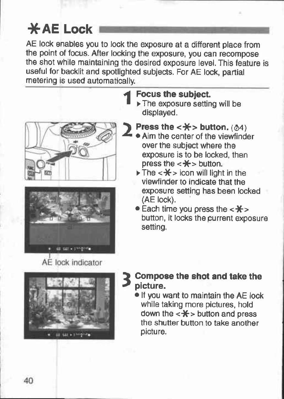Ae lock, Compose the shot and take the picture | Canon 3000 V User Manual | Page 40 / 48