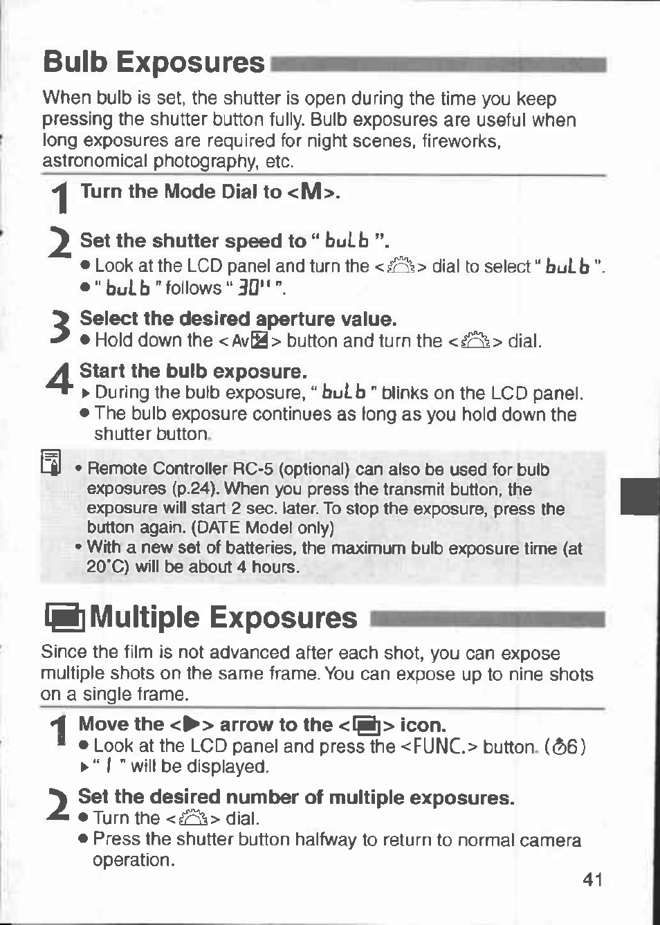 Bulb exposures i, Multiple exposures, Buib exposures | B multiple exposures | Canon 3000 V User Manual | Page 41 / 48