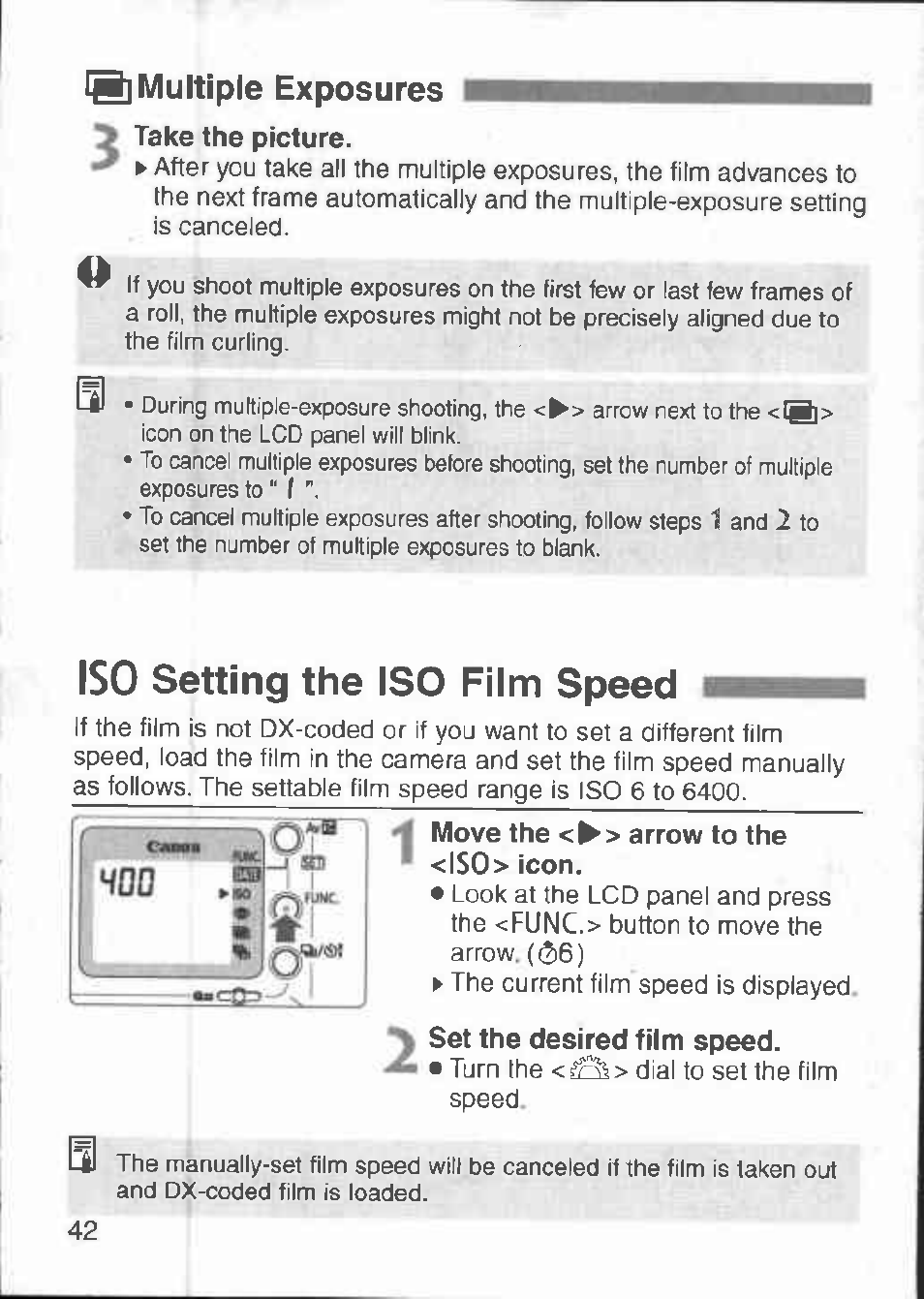 Iso setting the iso film speed, Multiple exposures | Canon 3000 V User Manual | Page 42 / 48