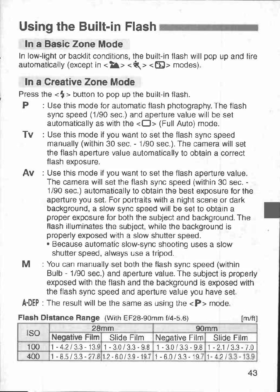 Using the built-in flash, Usihg the built-in flash | Canon 3000 V User Manual | Page 43 / 48