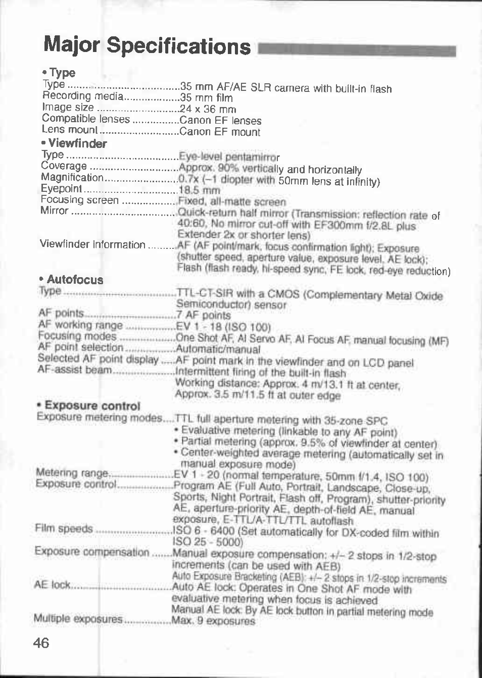 Major specifications, Ighl | Canon 3000 V User Manual | Page 46 / 48