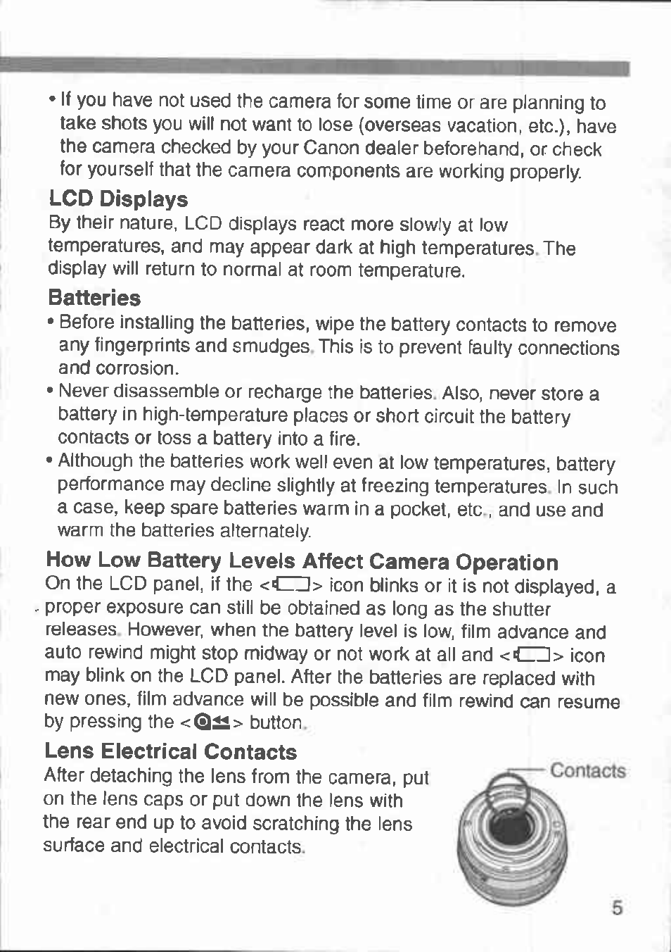 Lcd displays, Batteries, How low battery levels affect camera operation | Lens electrical contacts | Canon 3000 V User Manual | Page 5 / 48