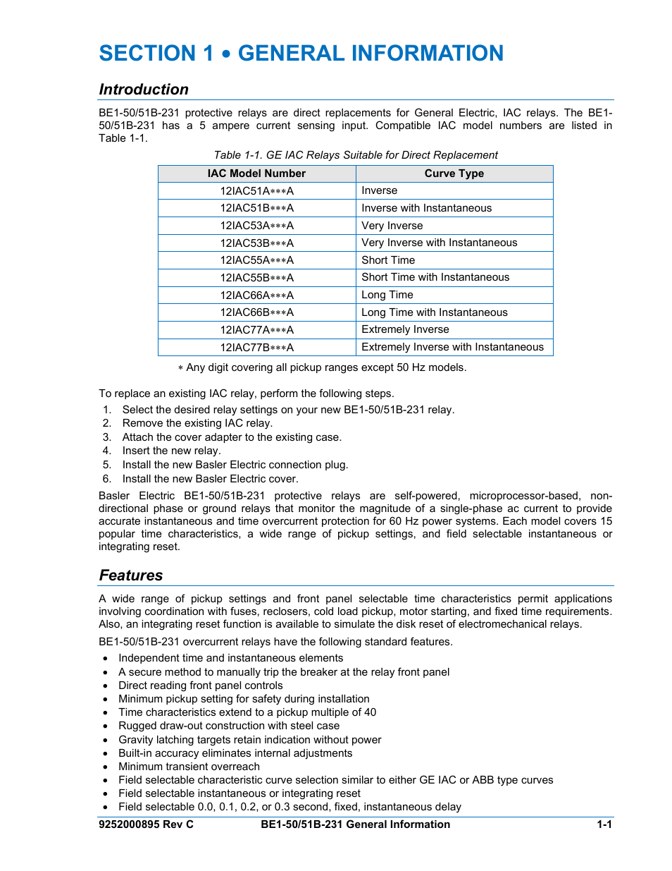 Introduction, Features, Section 1 • general information -1 | Introduction -1, Features -1 | Basler Electric BE1-50/51B-231 User Manual | Page 11 / 60