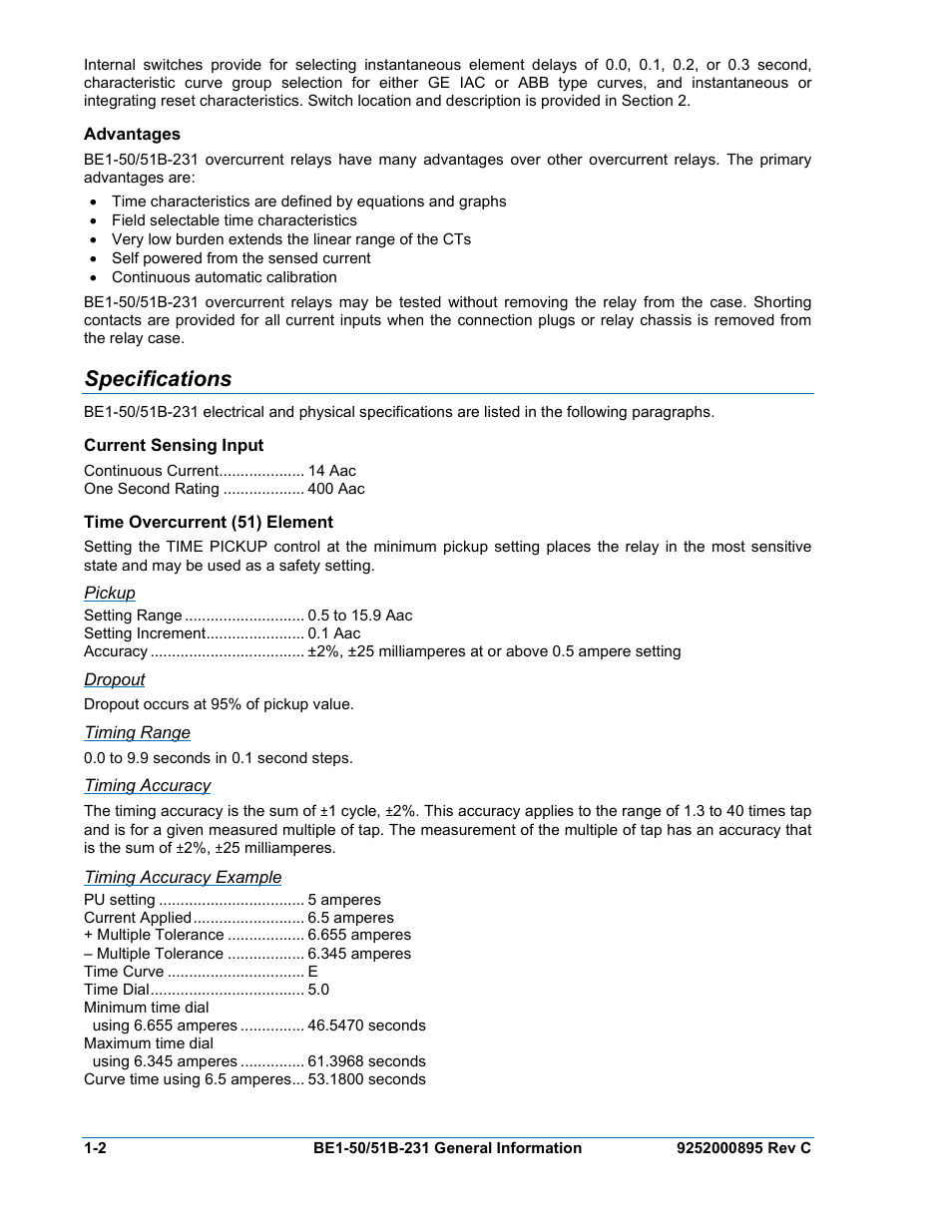 Advantages, Specifications, Current sensing input | Time overcurrent (51) element, Pickup, Dropout, Timing range, Timing accuracy, Timing accuracy example, Advantages -2 | Basler Electric BE1-50/51B-231 User Manual | Page 12 / 60