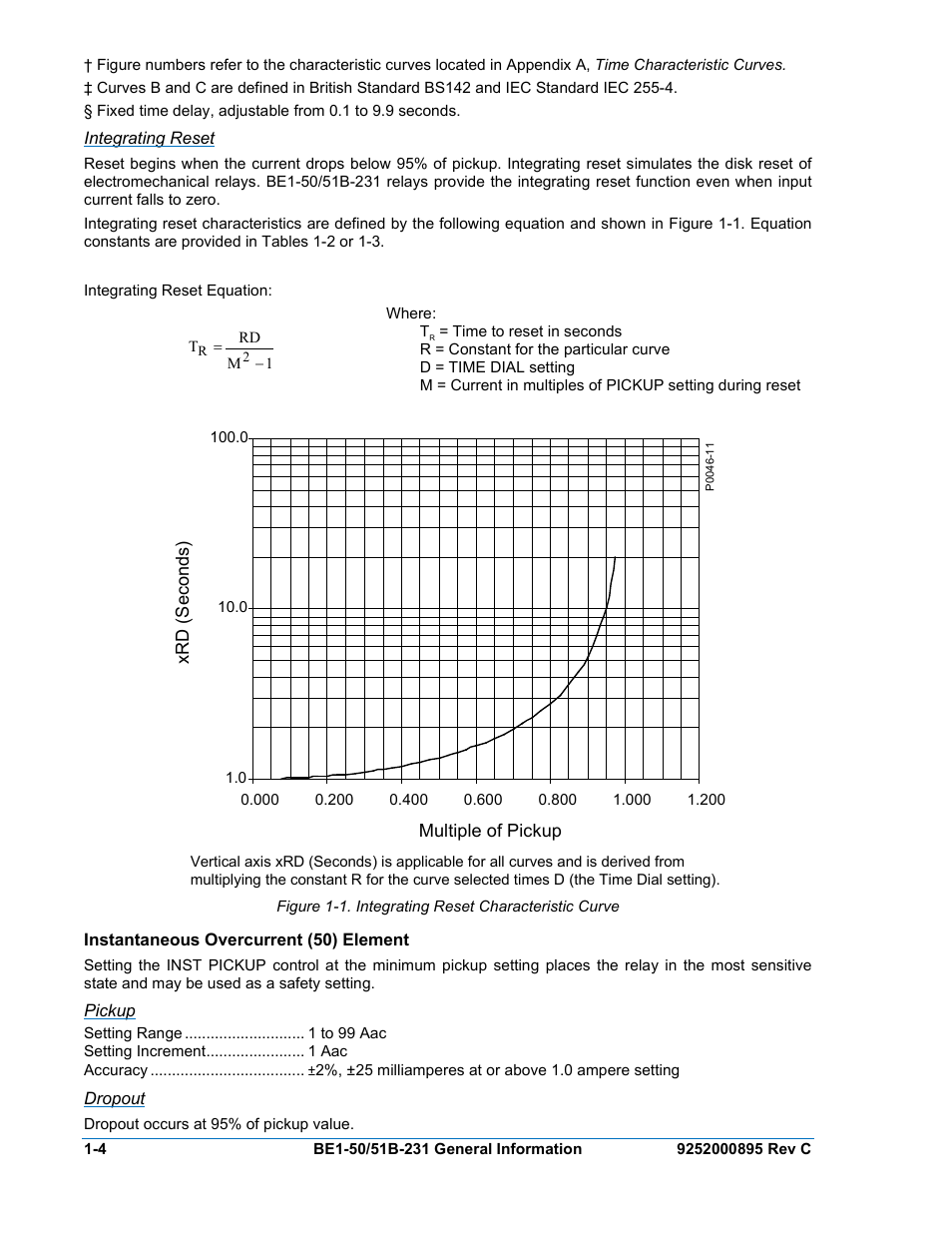 Integrating reset, Instantaneous overcurrent (50) element, Pickup | Dropout, Instantaneous overcurrent (50) element -4, Figure 1-1. integrating reset characteristic curve | Basler Electric BE1-50/51B-231 User Manual | Page 14 / 60