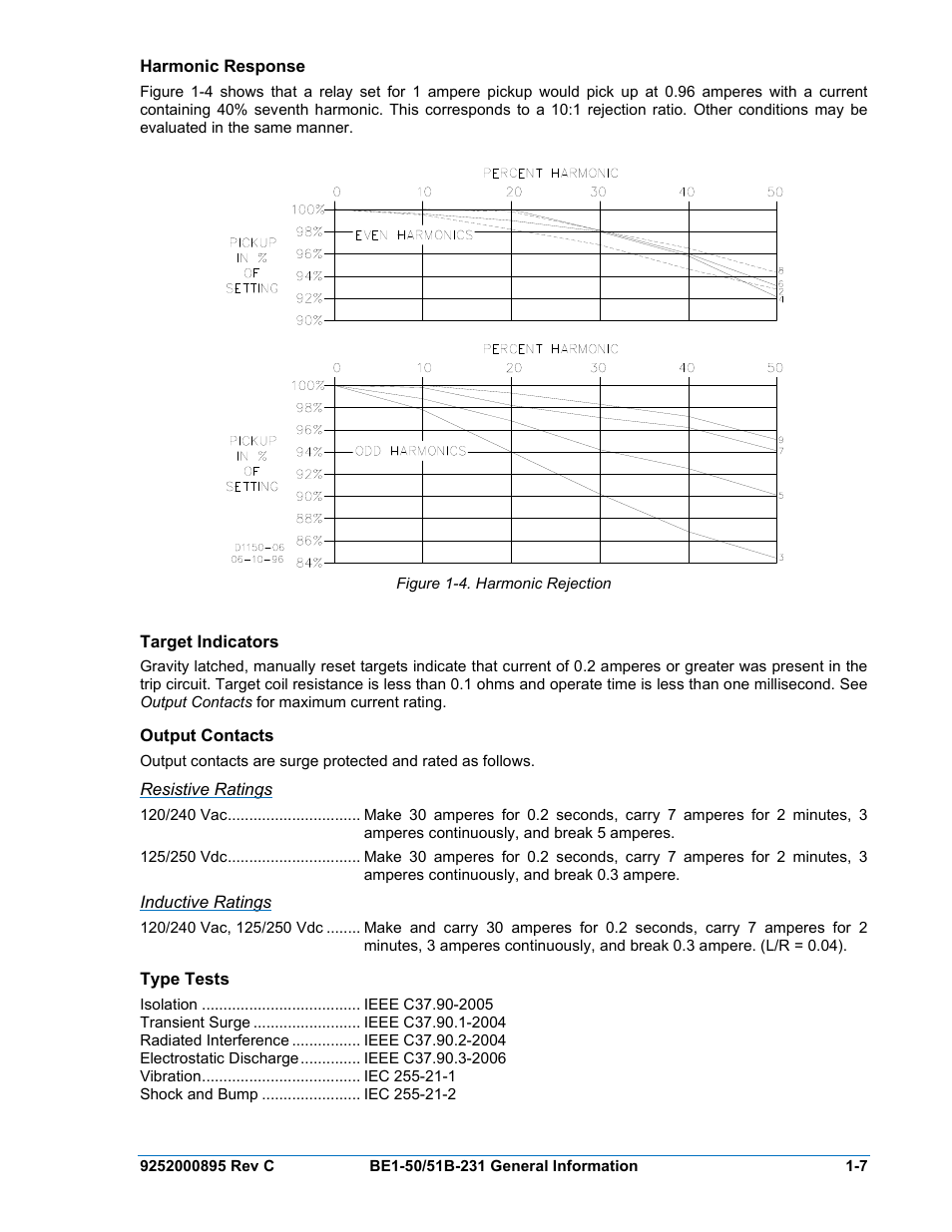 Harmonic response, Target indicators, Output contacts | Resistive ratings, Inductive ratings, Type tests, Harmonic response -7, Target indicators -7, Output contacts -7, Type tests -7 | Basler Electric BE1-50/51B-231 User Manual | Page 17 / 60