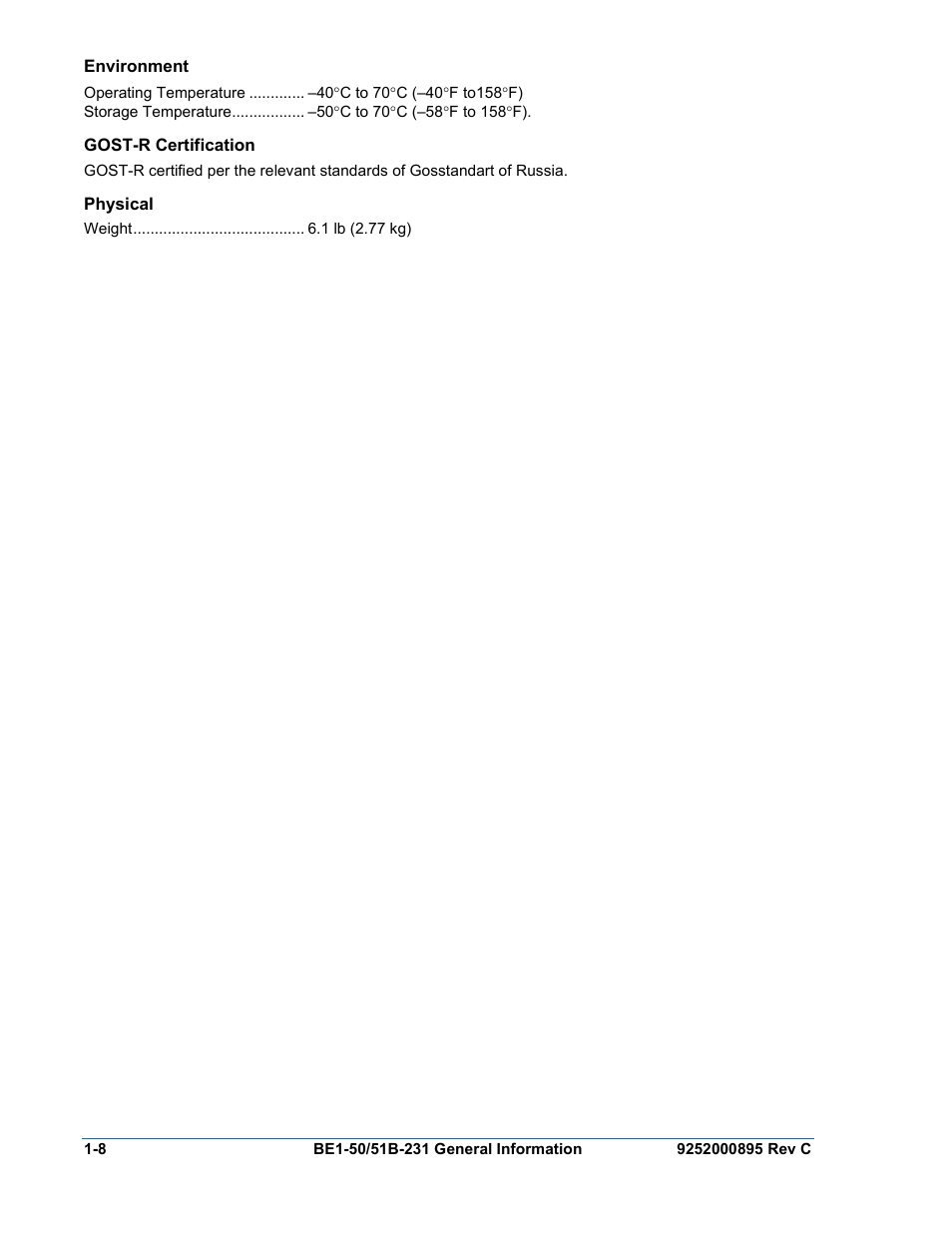 Environment, Gost-r certification, Physical | Environment -8, Gost-r certification -8, Physical -8 | Basler Electric BE1-50/51B-231 User Manual | Page 18 / 60